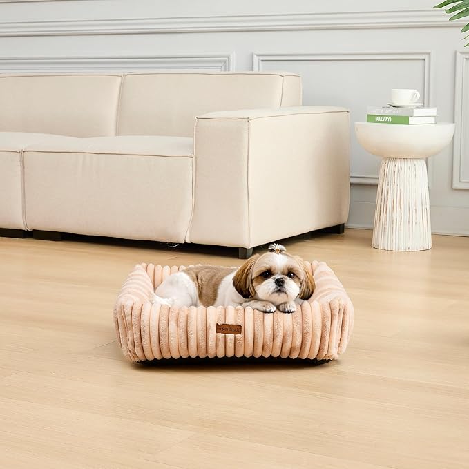 Modern Threads Ribbed Plush Two-Tone Cuddler Dog Bed, Ultra-Soft Faux Rabbit Fur, Supportive Bolstered Sides, Removable Washable Cover, Bed for Small to Medium Dogs, Cream, (24" L x 20" W x 8" Th)