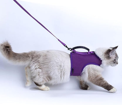 Kitty Harness and Leash for Walking Escape Proof Breathable Mesh Fabric, Purple, Small, Adjustable Cat Walking Jackets with Handle, Padded Stylish Cat Vest