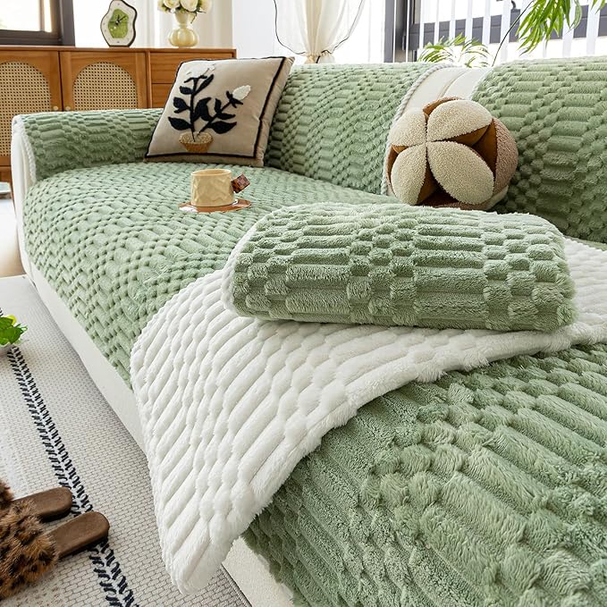Plush Warm Sofa Covers Washable, Funny Fuzzy Couch Cover for Dogs Washable, Non-Slip Couch Covers for Loveseat, Soft Sofa Slipcover for Pet & Kid(1PC, Green, 36"×47", Small Loveaeat)