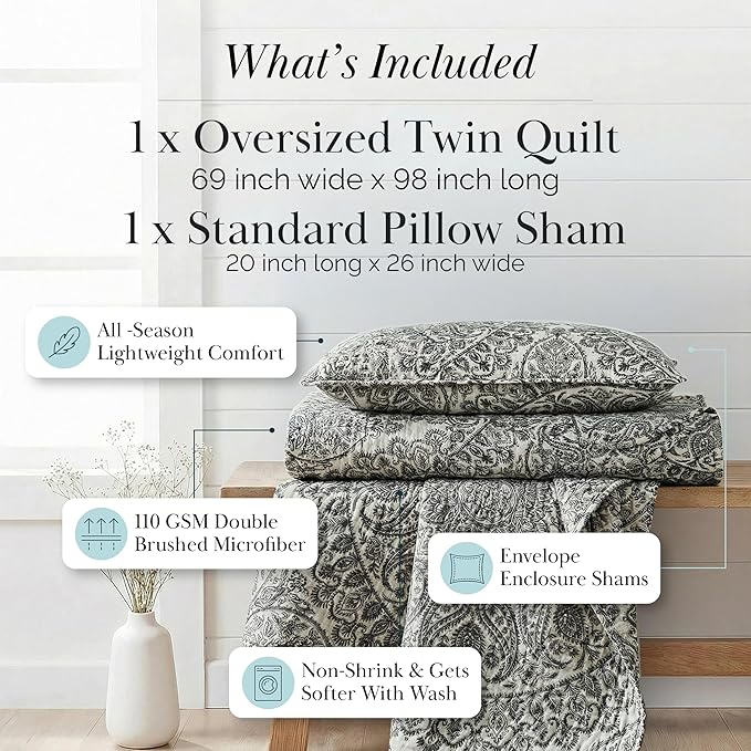 Southshore Fine Living, Inc. Ashanti Collection Oversized Quilt Twin Bedding Set Lightweight, Soft Coverlet Bedspread 2-Piece with one Matching sham (69 in Wide x 98 in Long), Twin/XL, Grey