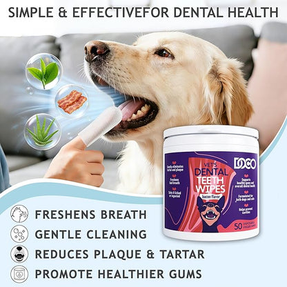 DOCO Pet Dog Teeth Cleaning Wipes – Deodorizing Finger Wipes for Dogs & Cats | Helps Reduce Plaque & Tartar Buildup, Supports Fresh Breath, No Rinse (Bacon, 50 Count)