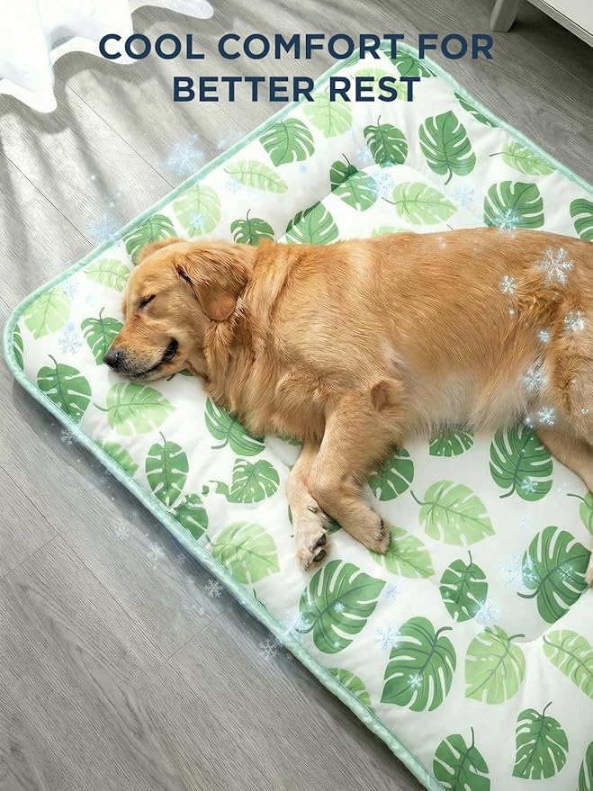 Dog Cooling Mat for Dogs & Cats, Soft Breathable Cooling Pad for Dog Bed, 35"x28" Self Cooling Crate Mat for Dogs, No Gel Washable Non-Slip Pet Cooling Mat Indoor Outdoor, Leaf