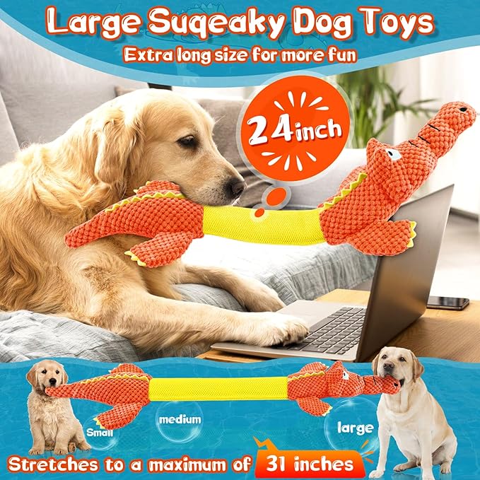 WOWBALA Interactive Tug of War Dog Toys for Small to Large Breeds - Squeaky Puppy Toys with Crinkle Paper, Stuffed Chew Toys to Keep Them Busy, Training Reward Gift for Dogs (Orange)