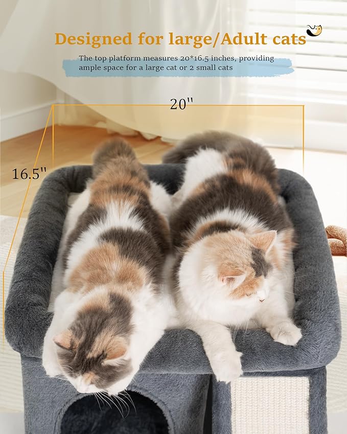 Aechonow Cat Tree for Indoor Large Cats, 14 Inch Cat Tower with 20x16.5 Inch Large Perch Bed, Cat Climbing Tree with Sisal Scratching Post for Adult Senior Cats, Removable Washable Mat, Dark Gray