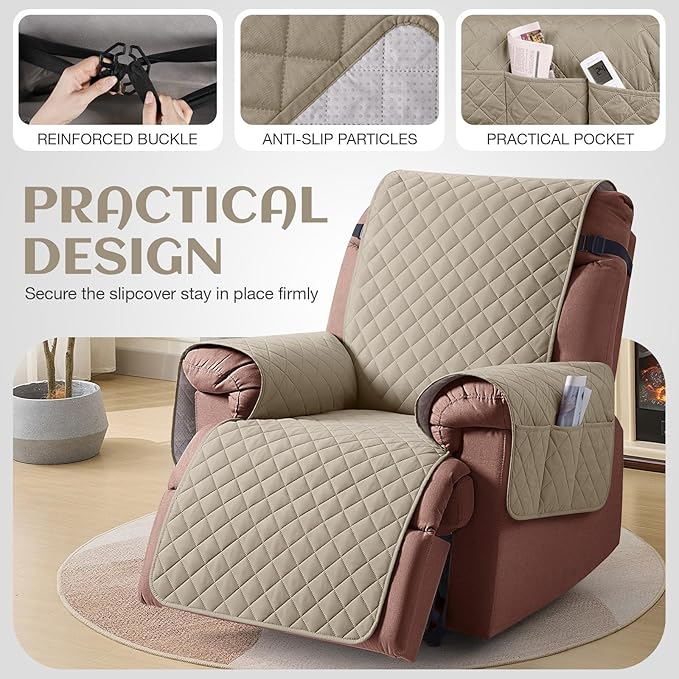 KinCam 100% Waterproof Recliner Chair Cover, Reclining Couch Covers for Pets, Dogs, Recliner Couch Slipcover Furniture Protector with Elastic Straps for Kids(23.6", Khaki)