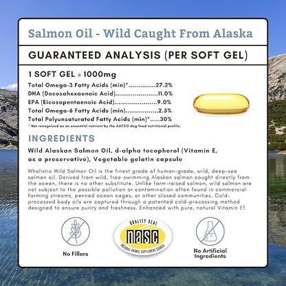 Wholistic Pet Organics Wild Alaskan Salmon Oil for Dogs and Cats - Omega 3 Fish Oil for Dogs & Cats - Cat & Dog Skin and Coat Supplement, Heart and Joint Health - DHA, EPA Omega 3 6 9-500 Soft Gels