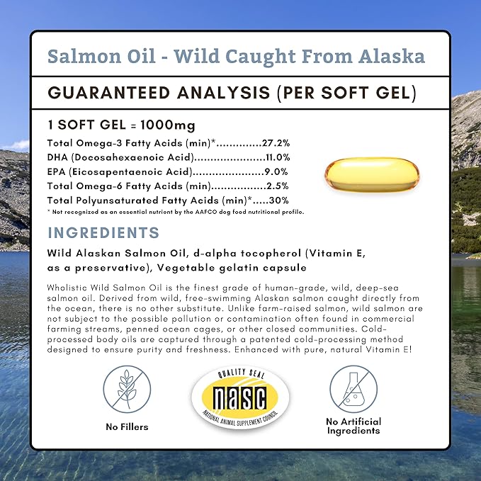 Wholistic Pet Organics Wild Alaskan Salmon Oil for Dogs and Cats - Omega 3 Fish Oil for Dogs & Cats - Cat & Dog Skin and Coat Supplement, Heart and Joint Health - DHA, EPA Omega 3 6 9-100 Soft Gels