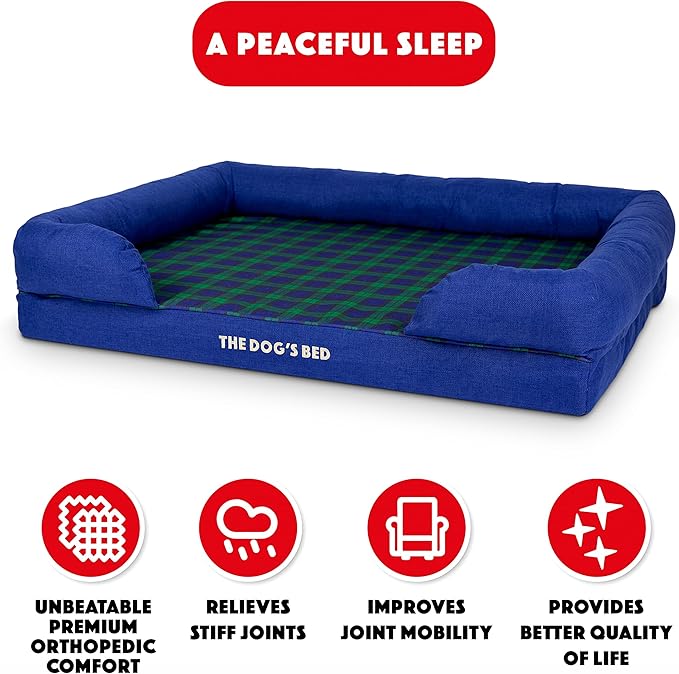 The Dog’s Bed Orthopedic Memory Foam Dog Bed with Bolsters for XL Dogs, Waterproof Washable Cover, Anti-Slip Base, Calming Surface – CertiPUR-Certified Foam, Oxford Fabric, Black Watch Tartan, XL