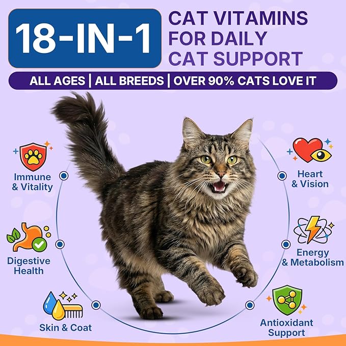 Taurine for Cats Vitamins Treats, 18 in 1 Cat Multivitamins Treats 500 Crunchy & Krill Chews Cat Vitamins with Taurine Supplements for Heart Vision Immune Digestion Skin & Coat Support for All Ages