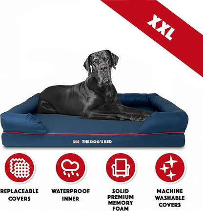 The Dog’s Bed Orthopedic Memory Foam Dog Bed with Bolsters for XXL Dogs, High Density Support Mattress, Low Front Entry, Removable Washable Cover, Oxford Fabric, Blue with Dark Red Trim, XXL
