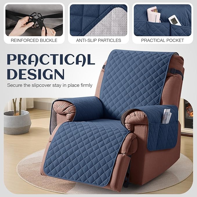 KinCam 100% Waterproof Recliner Chair Cover, Reclining Couch Covers for Pets, Dogs, Recliner Couch Slipcover Furniture Protector with Elastic Straps for Kids(30", Blue)