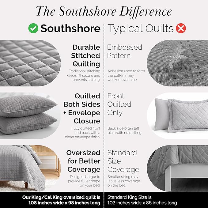 Southshore Fine Living, Inc. Comforter Quilt, King Size Bedding Set, Cal King Quilt Coverlet Set with 2 Shams, Soft Brushed Lightweight Bedspread, Pet Hair Resistant, Steel Grey
