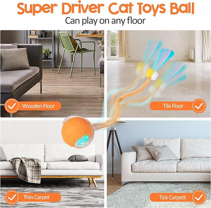Interactive Cat Toys Ball for Indoor Cats, Automatic Moving Ball Toy with Elastic Mesh Tail, Chirping & Obstacle Avoidance and Motion Activated, Orange【Rechargeable】