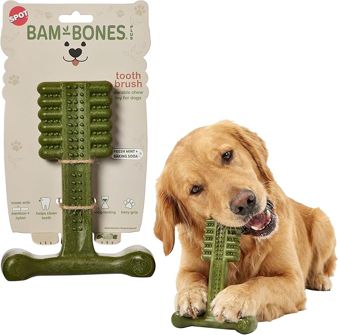 SPOT Bam-Bones Plus Toothbrush Dog Chew Toy for Large Dogs 60-90 lbs, Bamboo & Nylon Dental Chew with Mint & Baking Soda, T-Bone Shape for Moderate to Heavy Chewers, 7 Inch