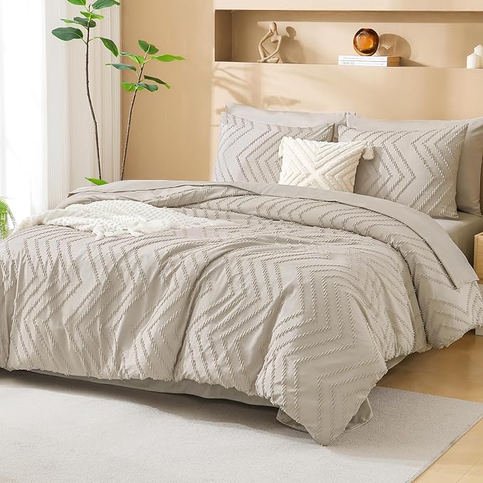 Litanika Oversized King Size Comforter Set with Sheets Oatmeal - 7 Pieces Bed in a Bag Oversized King Boho Tufted Complete Bedding Sets with Comforter, Sheets, Pillowcases & Shams
