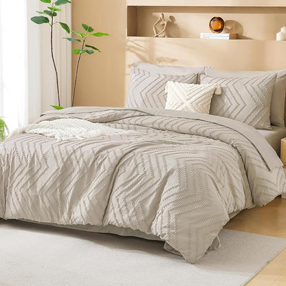 Litanika California King Size Comforter Set with Sheets Beige - 7 Pieces Bed in a Bag Cal King Chevron Tufted Complete Bedding Sets with Comforter, Sheets, Pillowcases & Shams