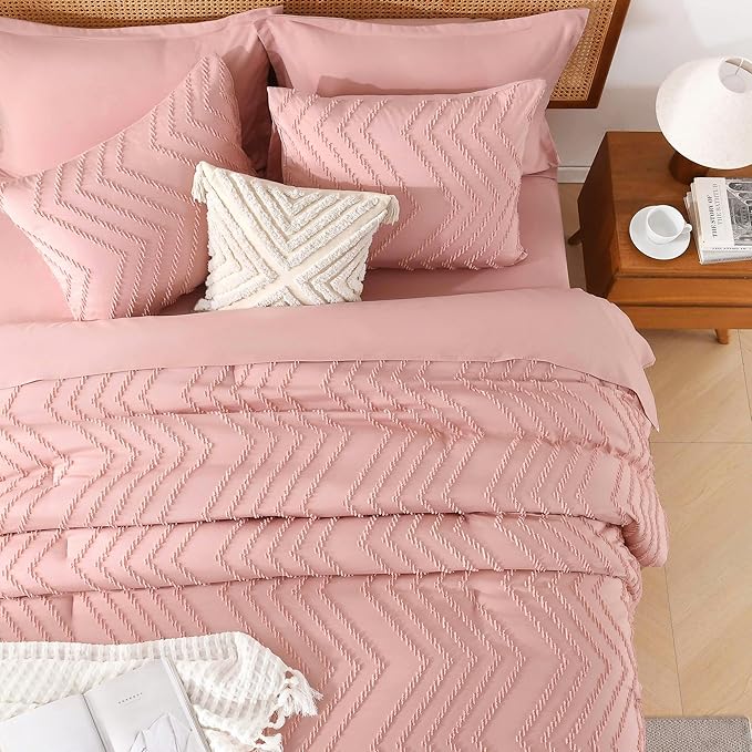 Litanika Blush Pink Full Size Comforter Set with Sheets - 7 Pieces Bed in a Bag Full Boho Tufted Complete Bedding Sets with Comforter, Sheets, Pillowcases & Shams