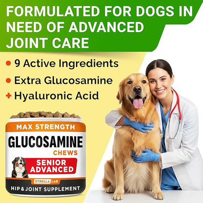 Senior Advanced Glucosamine Joint Supplement for Dogs - Hip & Joint Pain Relief - Small + Large Breeds -Omega-3 Fish Oil - Chondroitin, MSM- Mobility Soft Chews for Older Dogs - Chicken Flavor - 240Ct