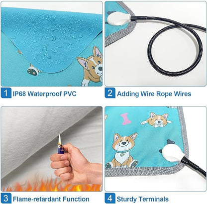 GOLOPET Dog Heating Pad 28×18 in Waterproof Heated Dog Bed,Smart Thermostat Switch with Normally Open On Function,Puppy Heating Pad with Metal Protective Tubes Added-Blue