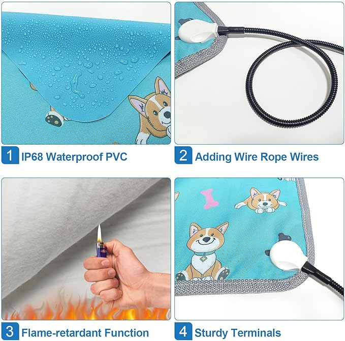 GOLOPET Cat Heating Pad 18x18 in Pet Heating Pad for Cats Waterproof Smart Thermostat Switch, Adjustable, Adding Wire Rope Wires Cat Warming Pad-Blue