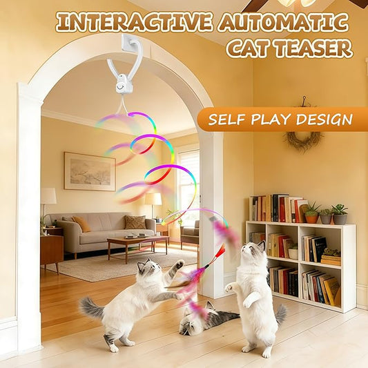 Interactive Cat Toys for Indoor Cats,Automatic Hanging Electric Cat Teaser Door Frame & Doorway,with Feather Mouse String wand Enrichment Chase Toy,Safe Self Play for Bored Multi Cats Households