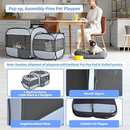 EighteenTek® 2-in-1 Portable Cat Playpen(End Doors), Pop up Kitten Playpen, Assembly-Free, Pet Tent Crates Kennel Cage Enclosure for Dog Puppy Indoor Outdoor(No Divider, Unified Space)