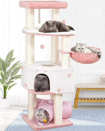 Cat Tree Tower for Large Cats Adult - 60 Inch XXL Sturdy Heavy Duty Extra Wide Scratching Posts (φ4.4in) Condo - Indoor Big Cat House Hammock Perch - XL Wood Multi Level Feline Pet Bed Trees Houses