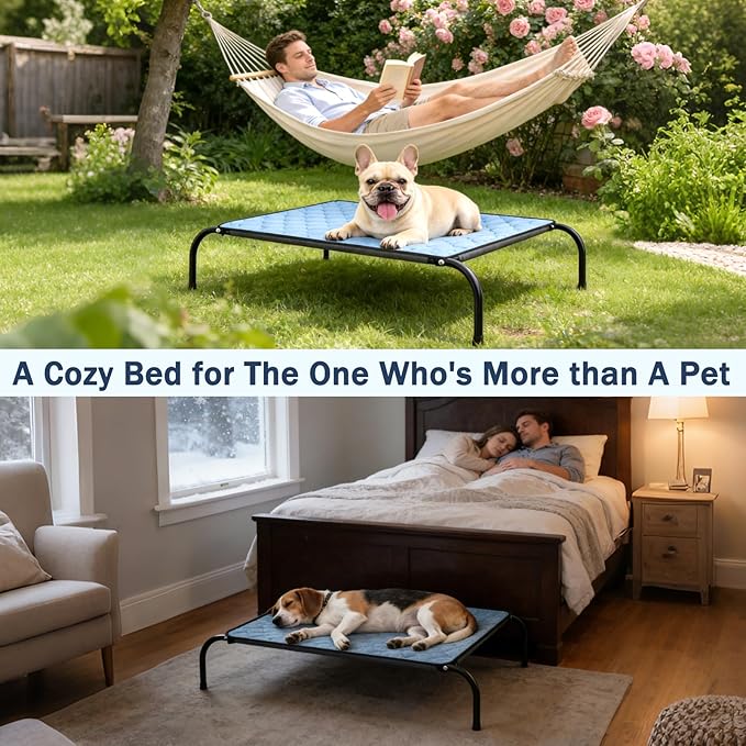 SZEE Raised Dog Bed with Detachable 2-Sided Cooling/Warming Waterproof Mat, Elevated Dog Cot Bed for Small Sized Breeds with Durable Steel Frame & Sturdy Teslin Mesh, Outdoor & Indoor All-Season Use