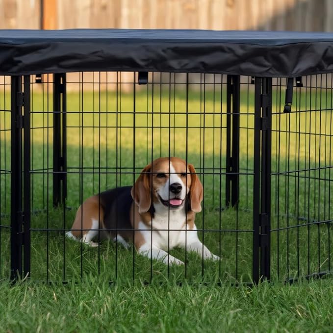 Dog Playpen w/Octagon Top Shade Cover - 24 inch, 8 Panel Portable Black Metal Pet Play Pen for Small Dogs & Puppies - Indoor/Outdoor Kennel Cage for Home, Yard, RV, or Camping