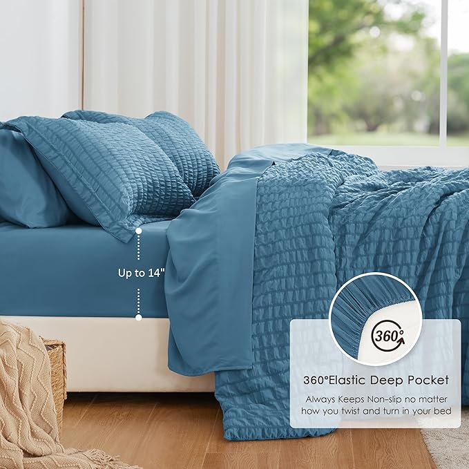 Love's cabin Seersucker Misty Blue Twin XL Comforter Set, 5-Piece All Season Lightweight Bed in a Bag Bedding Set with Comforter, Flat Sheet, Fitted Sheet, Pillowcase and Sham | Soft, Breathable, Lightweight