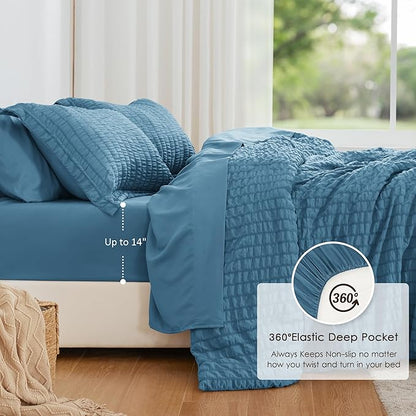 Love's cabin Seersucker Misty Blue Twin XL Comforter Set, 5-Piece All Season Lightweight Bed in a Bag Bedding Set with Comforter, Flat Sheet, Fitted Sheet, Pillowcase and Sham | Soft, Breathable, Lightweight