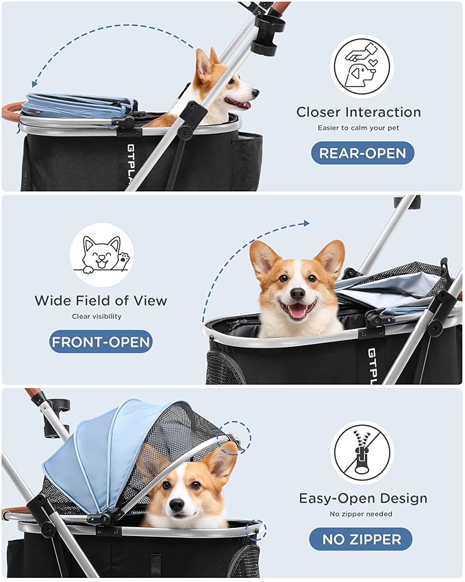 GTPLAYER 3 in 1 Pet Stroller with Removable Carrier, Foldable Stroller for Small/Medium Dogs and Cats, All-Terrain, with Sun Shades, Car Seat, Up to 45 lbs, Light Blue