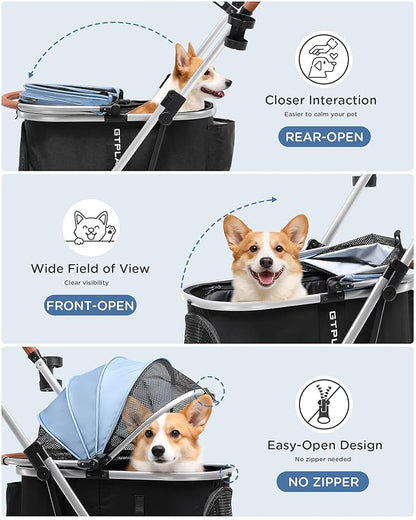 GTPLAYER 3 in 1 Pet Stroller with Removable Carrier, Foldable Stroller for Small/Medium Dogs and Cats, All-Terrain, with Sun Shades, Car Seat, Up to 45 lbs, Light Blue