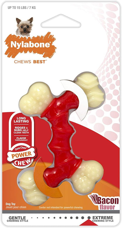 Nylabone Double Bone Power Chew Toy for Dogs, Dog Toys for Aggressive Chewers, Bacon Flavor, X-Small - Up to 15 lbs, 1 Count