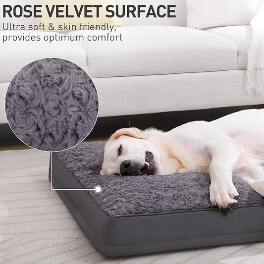 Jumbo Dog Crate Bed - Waterproof, Rose Velvet, Soft Fluffy for Extra Large Dogs - Washable With Removable Cover & Anti-Slip Bottom, 53 x 36 Inch, Gray