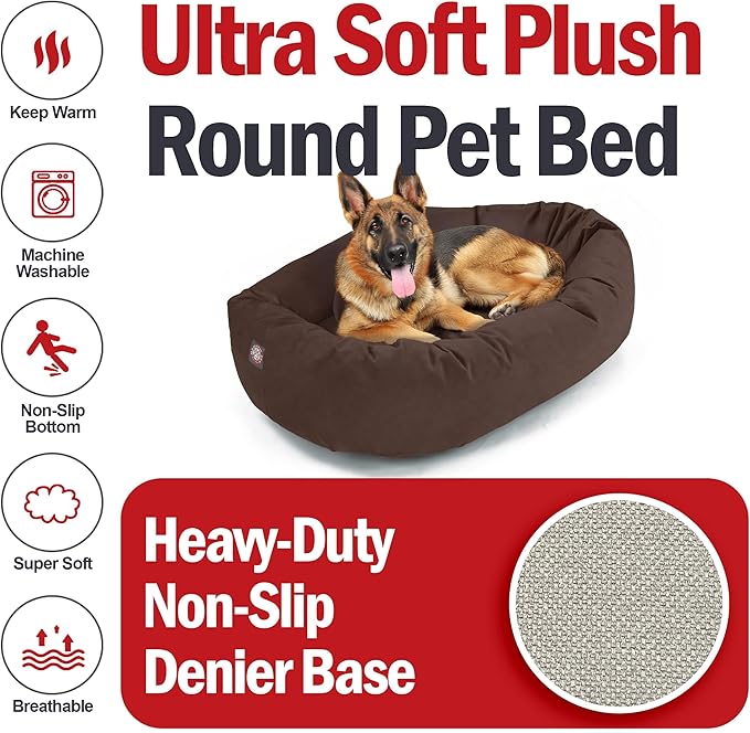 Majestic Pet 52 Inch Suede Calming Dog Bed Washable – Cozy Soft Round Dog Bed w/Spine Support for Dogs to Rest Head - Fluffy Donut Dog Bed 52x35x11 (Inch) - Round Pet Bed X- Large – Chocolate (2025)