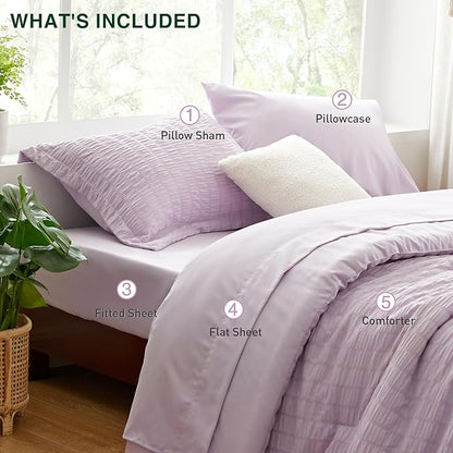Love's cabin Seersucker Lavender Twin XL Comforter Set, 5-Piece All Season Lightweight Bed in a Bag Bedding Set with Comforter, Flat Sheet, Fitted Sheet, Pillowcase and Sham | Soft, Breathable, Lightweight