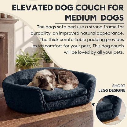 Dog Couch Bed with Oval Semi-Enclosed, Durable Linen Material Pet Sofa with Soft Foam Cushion, Dog Sofa Bed with Legs for Medium Dogs, Dark Blue