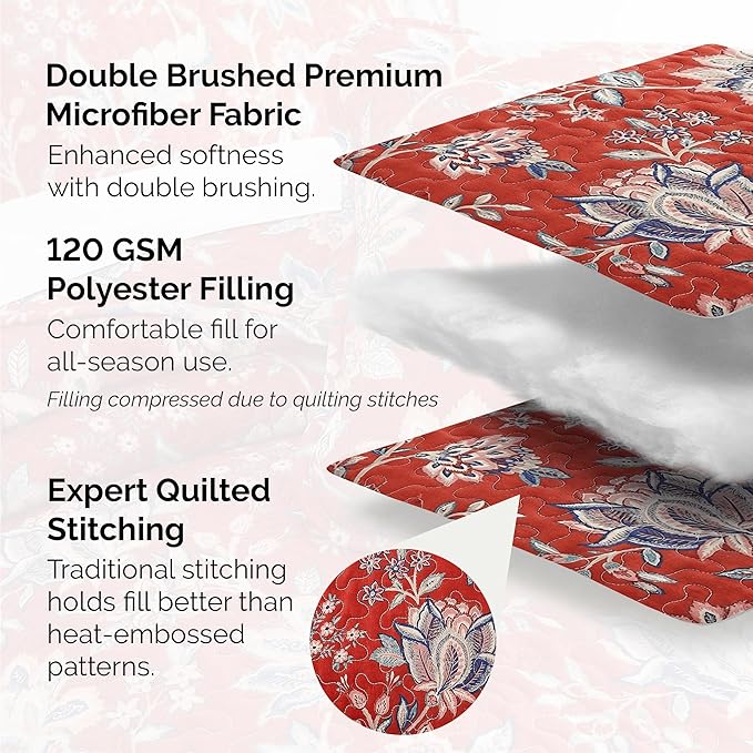 Southshore Fine Living, Inc. Oversized King Quilt Bedding Set, Jacobean Willow Floral Quilt Set with 2 Matching Pillow Shams, Lightweight California King Bed Spread, Soft Microfiber Fabric, Red