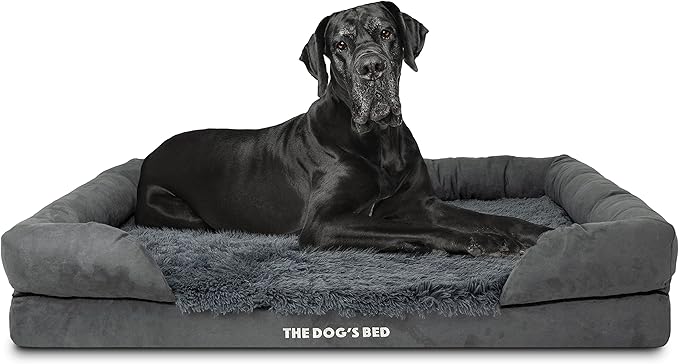 The Dog’s Bed Orthopedic Memory Foam Dog Bed with Bolsters for XXL Dogs, Waterproof Washable Cover, Anti-Slip Base, Calming Surface – CertiPUR-Certified Foam, Fur Fabric, Grey Fur, XXL