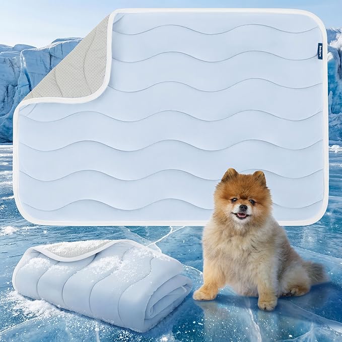 Bedsure Cooling Mat for Small Dogs - Q-Max>0.4 Thin Breathable Crate Pad Indoor for Puppy and Cat with Chill Cool Fiber and Non-Slip Bottom，Portable Washable Kennel Mat in Outdoor Summer, 24x18, Blue
