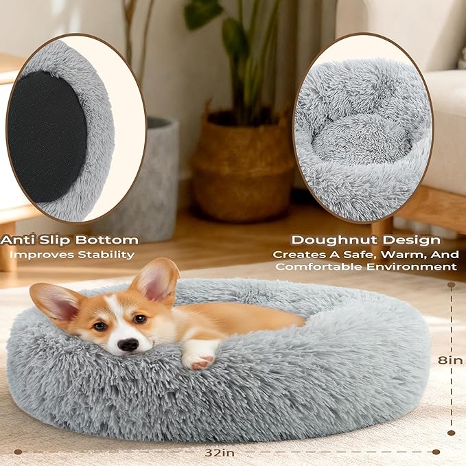 Calming Anti-Anxiety Donuts Dog And Cat Bed, Round Fluffy Soft Washable Extra Large Pet Bed For Puppy And Kitten, Cuddler Warming Comfortable Cushion, Luxury Anti-Slip Waterproof Mute Base 32in Gray
