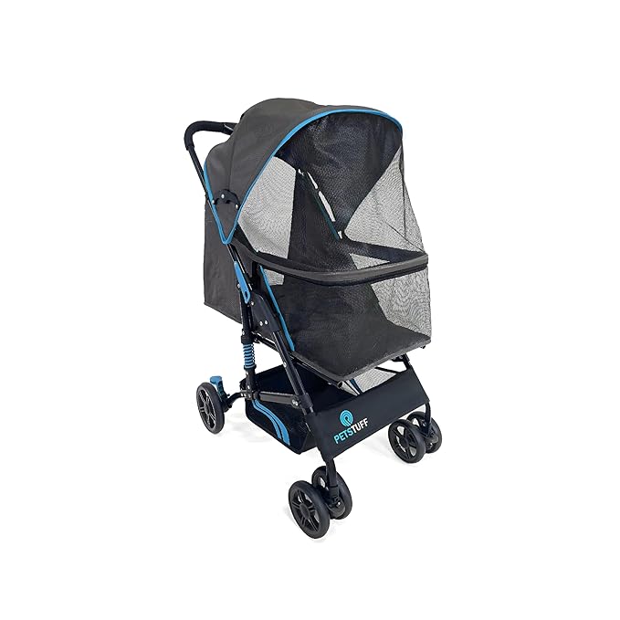 27.2” Buddy Buggies Foldable Pet Stroller - Shock Absorbing Frame with Storage - Machine Washable Fabric - Durable Mesh & UV Protected Retractable Canopy - Cat & Dog Stroller Up to 60lb