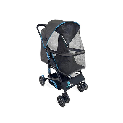 27.2” Buddy Buggies Foldable Pet Stroller - Shock Absorbing Frame with Storage - Machine Washable Fabric - Durable Mesh & UV Protected Retractable Canopy - Cat & Dog Stroller Up to 60lb