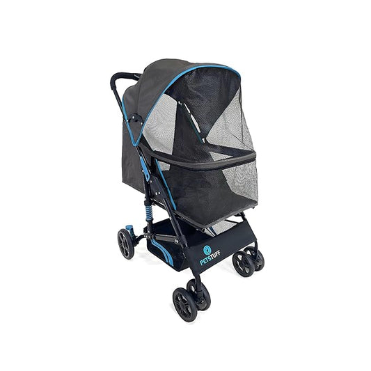 27.2” Buddy Buggies Foldable Pet Stroller - Shock Absorbing Frame with Storage - Machine Washable Fabric - Durable Mesh & UV Protected Retractable Canopy - Cat & Dog Stroller Up to 60lb