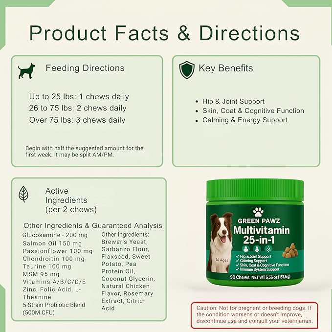 25-in-1 Multivitamin for Dogs – 90 Soft Chews with Glucosamine, Probiotics & Omega 3 – Hip Joint Support, Skin Coat, Gut Health & Immunity – Chicken Flavor, All Ages