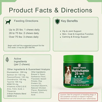 25-in-1 Multivitamin for Dogs – 90 Soft Chews with Glucosamine, Probiotics & Omega 3 – Hip Joint Support, Skin Coat, Gut Health & Immunity – Chicken Flavor, All Ages
