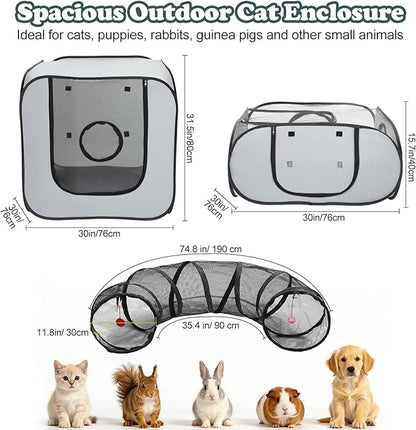 Cat Playpen, 3-in-1 Pop-up Outdoor Cat Enclosure with 2 Rooms 1 Tunnel, Breathable Pet Playpen for Indoor Outdoor Use, Portable Catio Tent with Carry Bag for Kitten Rabbit Small Animals, Gray