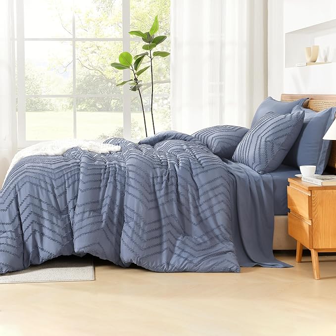 Litanika King Size Comforter Set with Sheets Bluish Grey - 7 Pieces Bed in a Bag King Chevron Tufted Complete Bedding Sets with Comforter, Sheets, Pillowcases & Shams