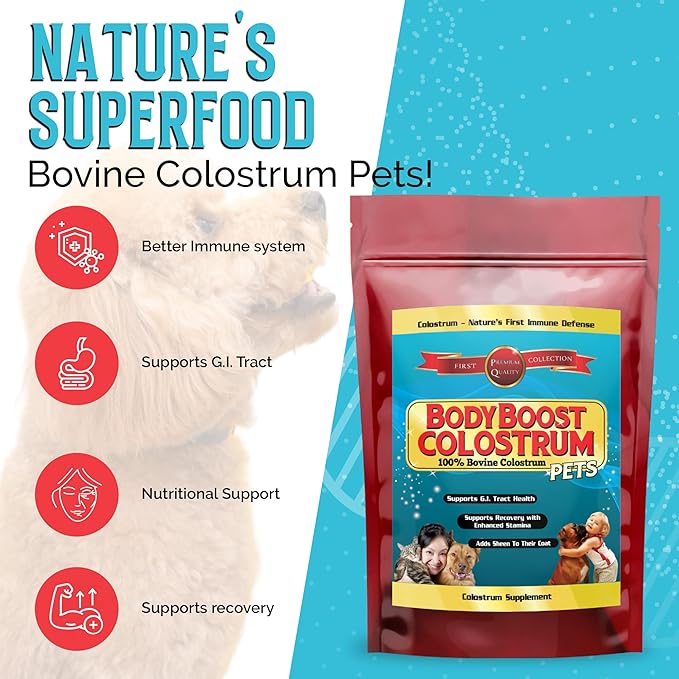 BodyBoost Bovine Colostrum for Dogs and Cats, Organic Immune Support Supplement for Allergy and Itch Relief, Grass Fed Colostrum Powder for Pets, Dog Gut Health, All Ages, 8 oz